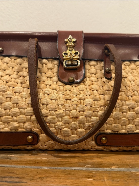 Burlington Handbags - Burlington Woven Straw Tote with Brown Leather Trim and Gold Accent